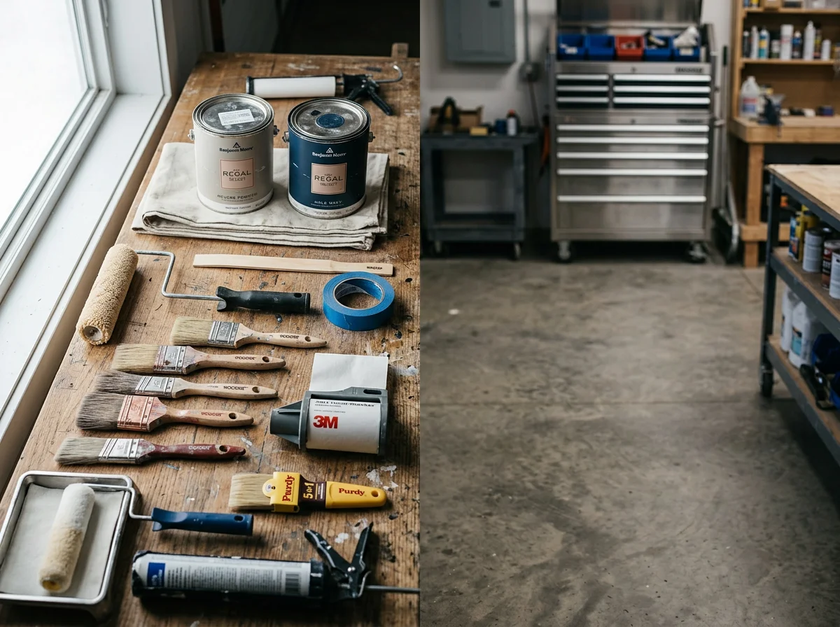 Professional painting tools and equipment arranged on a work surface, representing the trade expertise and readiness of a dedicated painting contractor.