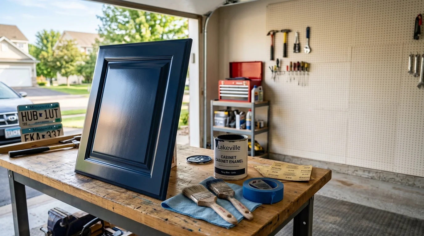 Freshly painted kitchen cabinets with professional enamel finish