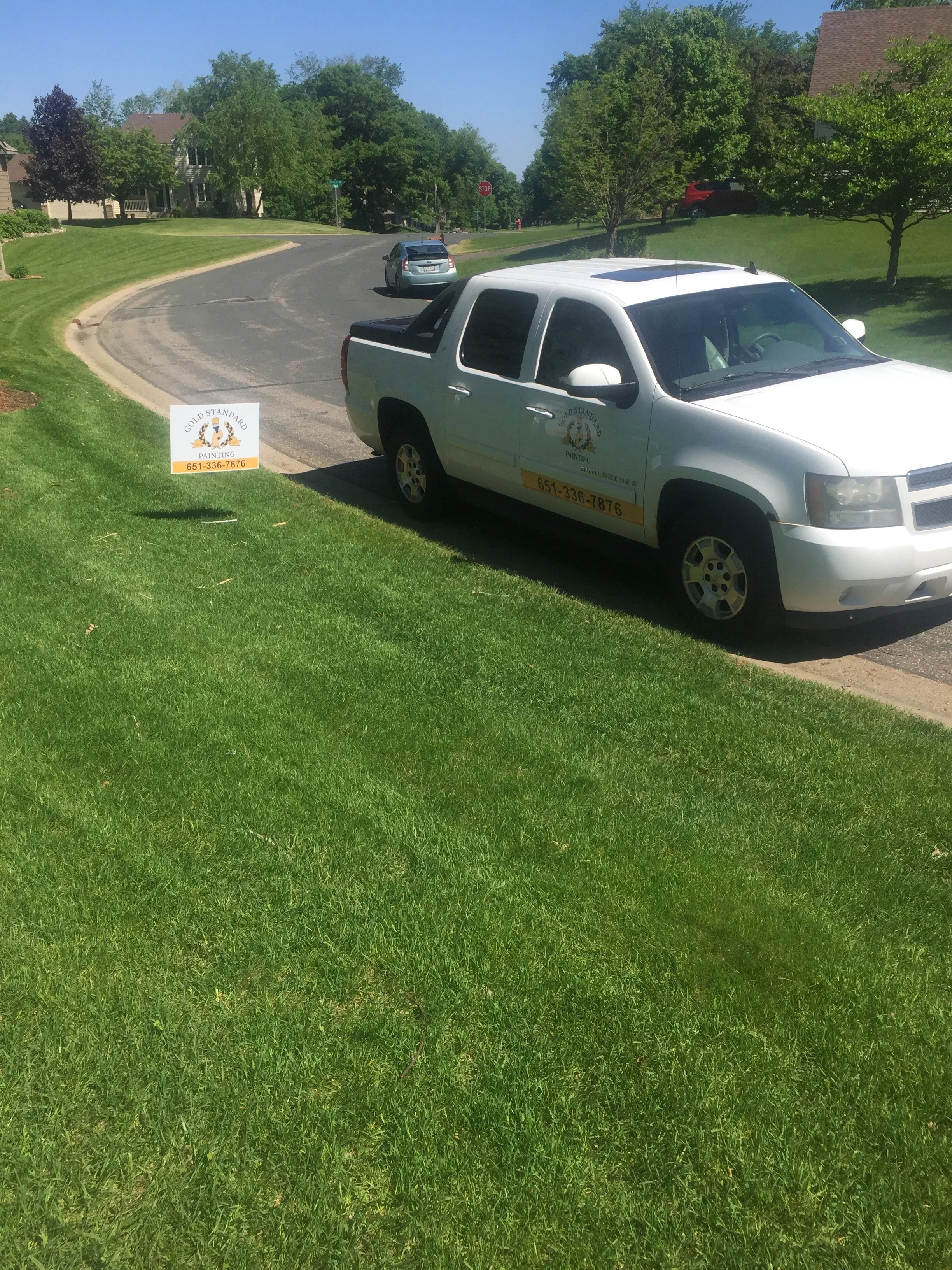 Freshly painted asphalt driveway with curved design and clean lawn borders