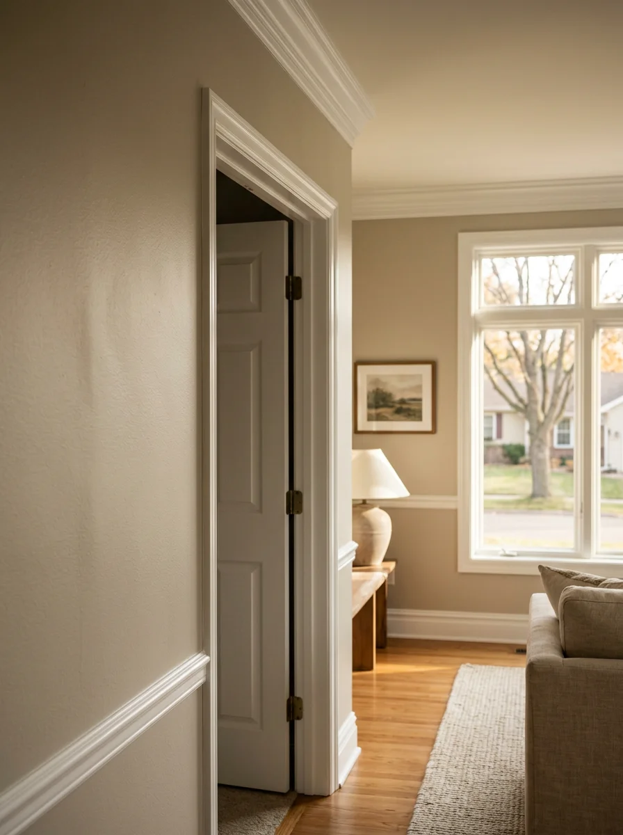 Portrait view of a freshly painted interior living room in a Burnsville home showing updated wall color and crisp white enamel trim on original 1980s woodwork.
