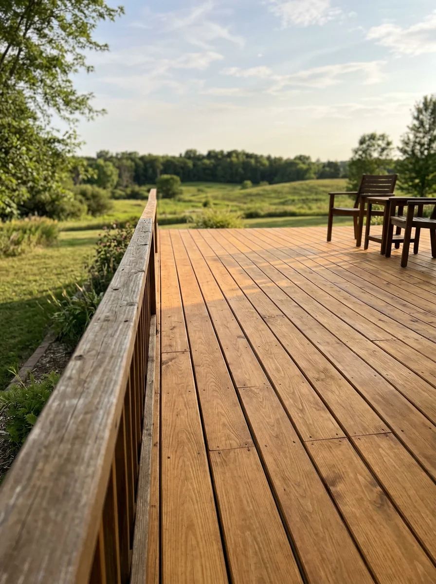 Portrait view of a freshly stained multi-level wood deck on a Credit River acreage property, showing clean finish on wide deck boards with open rural landscape in the background.