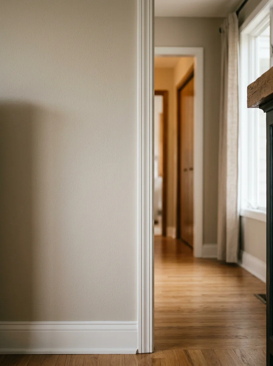 Portrait view of a freshly painted interior room in an Eagan home showing updated wall color and crisp white enamel trim on original 1980s millwork.