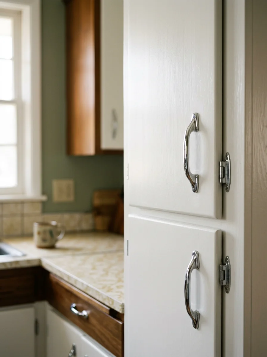 Portrait view of freshly painted kitchen cabinets in an Edina mid-century rambler, showing white enamel finish on original wood cabinet doors with updated hardware.