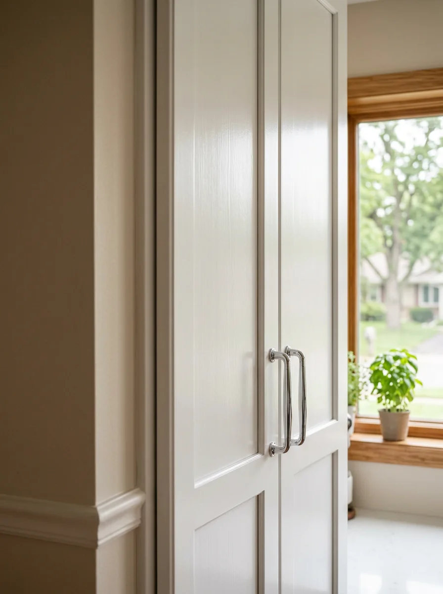 Portrait view of freshly painted kitchen cabinets in a Farmington, MN home showing clean white enamel finish on builder-grade cabinet doors with updated hardware.