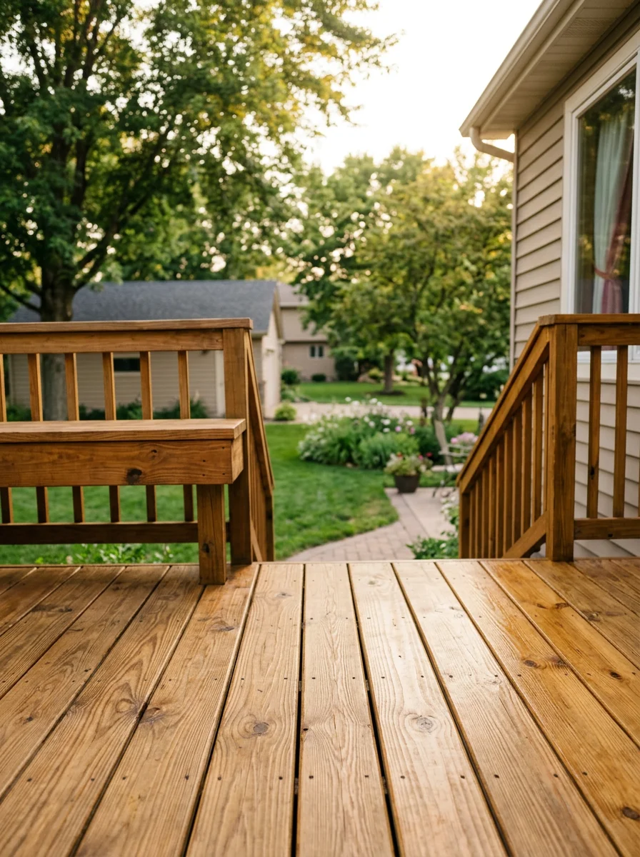 Close-up portrait view of a freshly painted wood deck attached to a Lakeville home, showing clean stain finish on pressure-treated boards with a backyard visible behind.