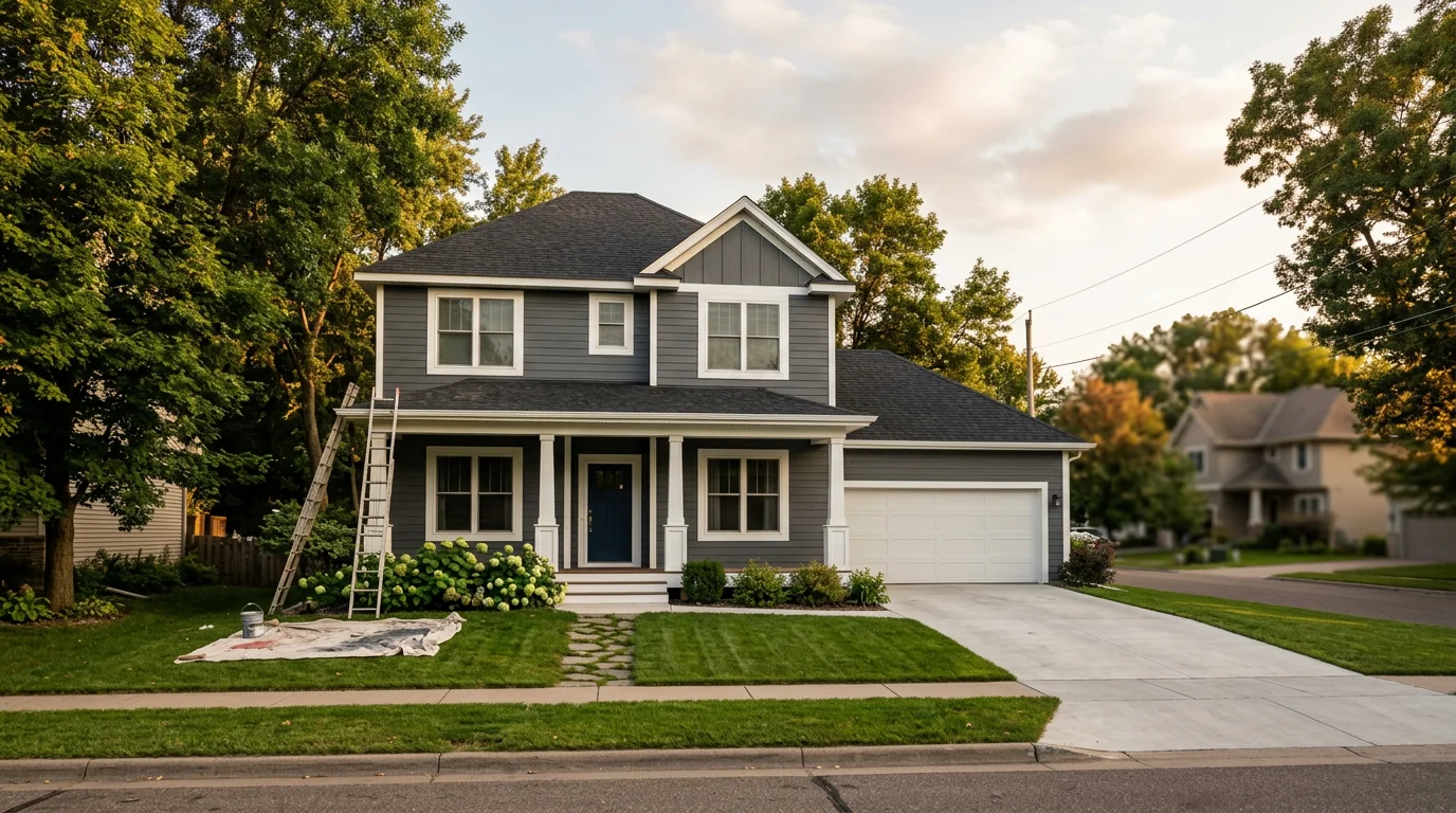 Exterior of a large two-story Lakeville, MN single-family home with freshly painted LP siding and white trim, set on a wide suburban lot along a tree-lined street.