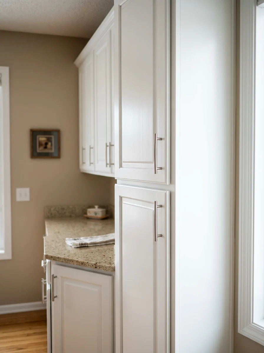 Portrait view of a freshly painted kitchen with refinished white enamel cabinets in a Prior Lake home, showing clean cabinet doors and updated hardware.