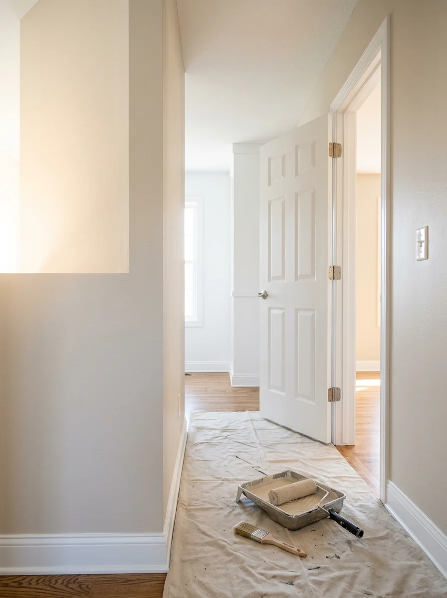 Portrait view of a freshly painted interior hallway in a Rosemount home showing clean white enamel trim and updated wall color on a post-2000 construction home.