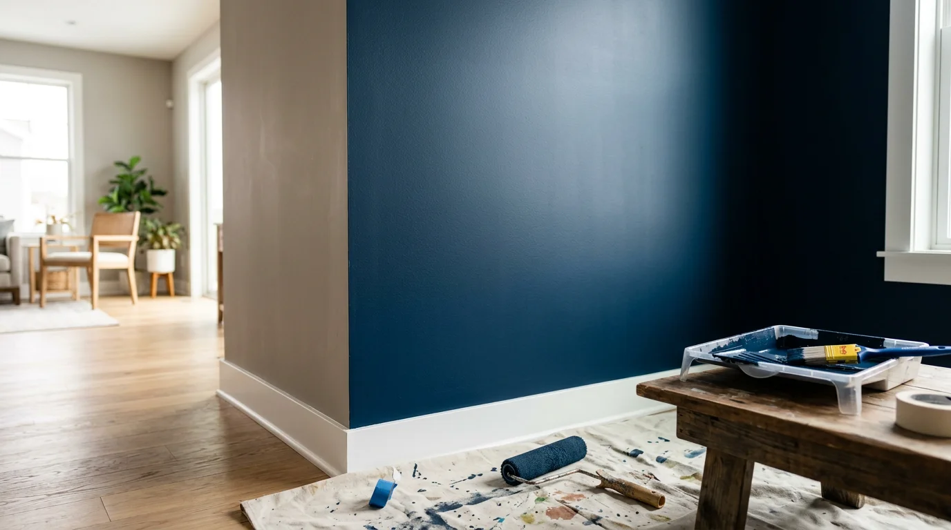 A freshly painted deep navy accent wall in a Lakeville, MN living room, with clean edges where the color meets white trim. The painted wall serves as a focal point behind a neutral sofa in a modern suburban home.
