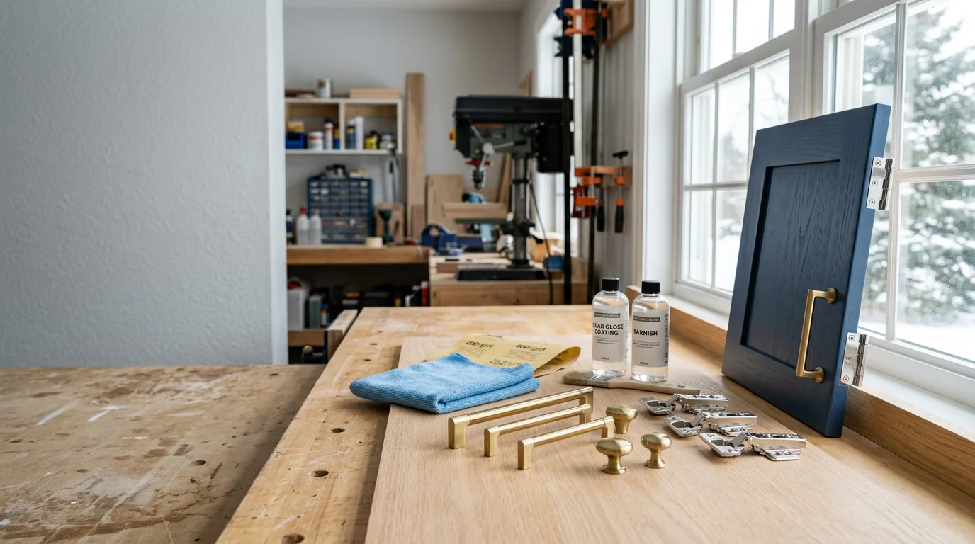 Close-up of cabinet hardware with a freshly applied uniform finish on kitchen cabinet doors in a Lakeville, MN home. Pulls and knobs show consistent color and sheen across all visible surfaces.