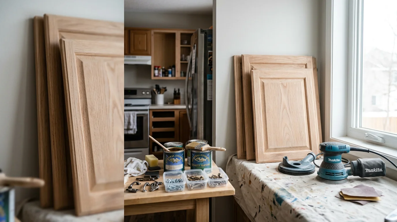 Freshly refinished wood kitchen cabinets in a Lakeville, MN home, showing a smooth, even finish on cabinet doors and drawer fronts after surface prep and refinishing. The cabinet boxes and layout remain intact, with updated color replacing the worn original finish.