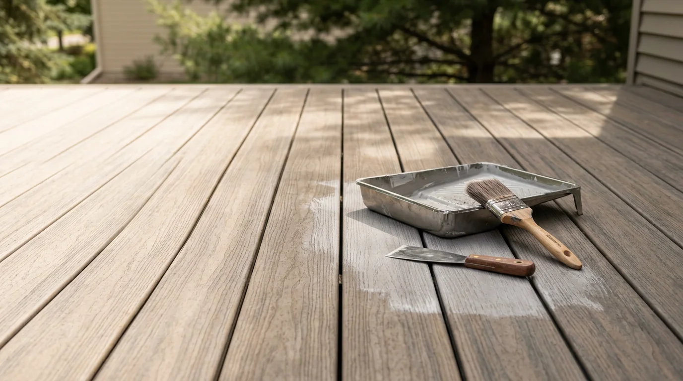 A freshly painted wood deck on a residential home in Lakeville, MN, showing clean, uniform color coverage on deck boards and railings. The painted surface contrasts with the home's exterior siding on a clear Minnesota day.