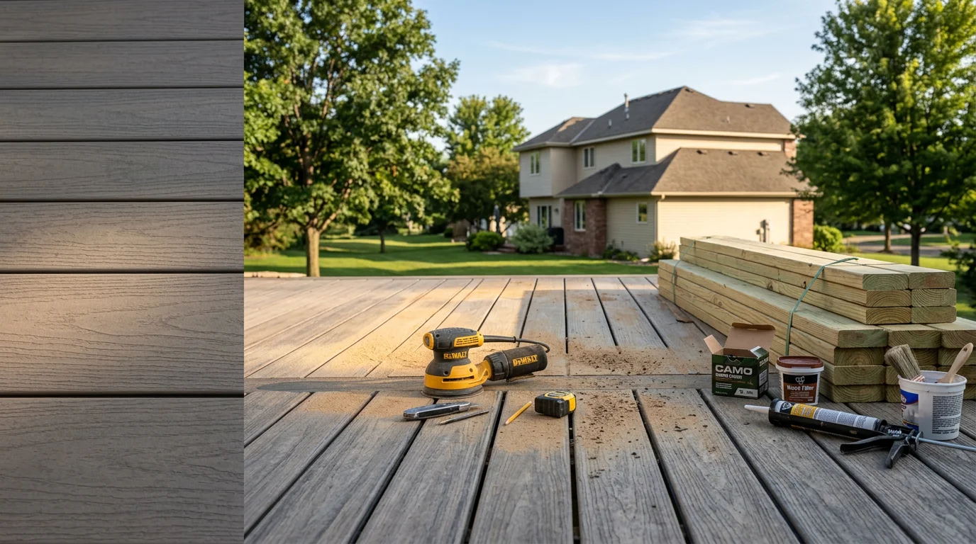 A repaired and freshly finished wood deck on a residential home in Lakeville, MN, showing smooth, even boards and secure railings after professional deck repair and finishing work.
