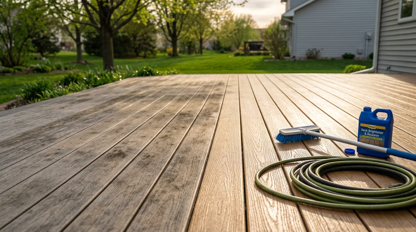 A restored wood deck on a residential home in Lakeville, MN, showing clean, evenly finished boards with no gray weathering or peeling. The deck surface is smooth and protected, with a backyard visible in the background.