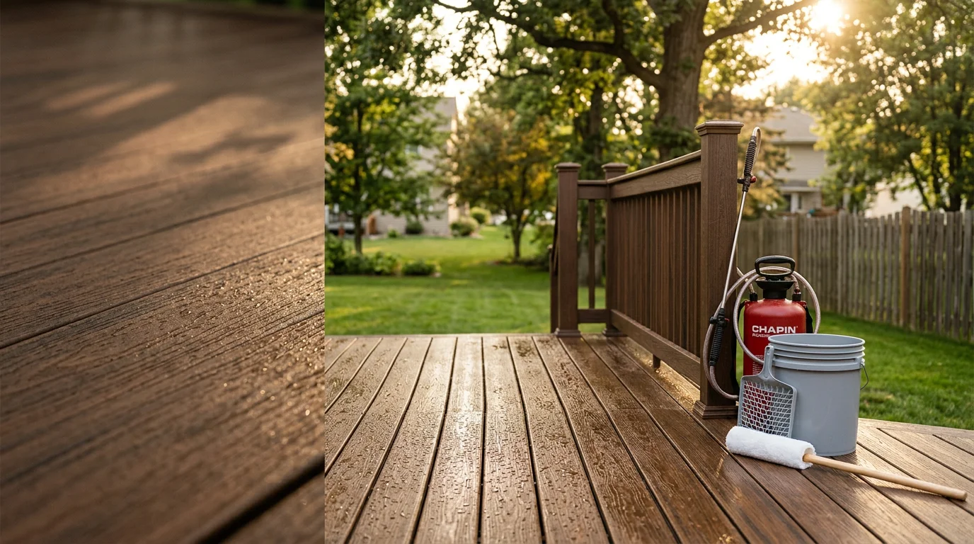 A freshly sealed wood deck on a Lakeville, MN home with water beading on the surface boards. The natural wood grain is visible through the clear protective coat.