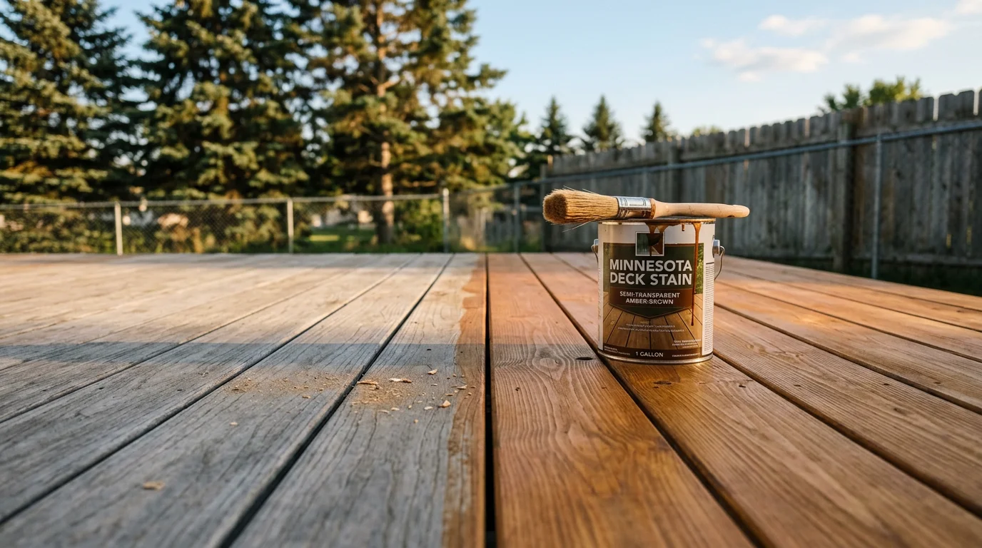 A freshly stained wood deck on a residential home in Lakeville, MN, showing even color coverage across the deck boards, railings, and steps. The natural wood grain is visible through the finish, with no peeling or gray weathering present.