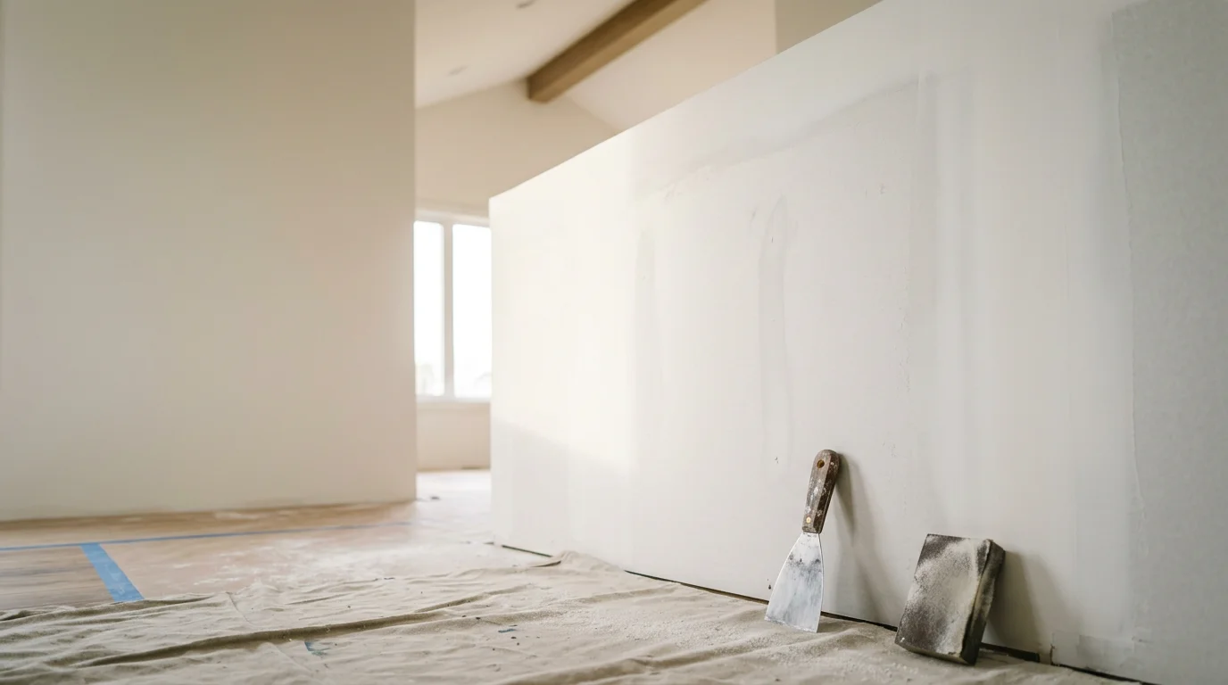 Freshly finished and painted interior walls in a Lakeville, MN home showing smooth, seam-free surfaces under natural light from large windows. A painter applies a final coat to a vaulted ceiling in a south metro residential room after drywall finishing and priming.