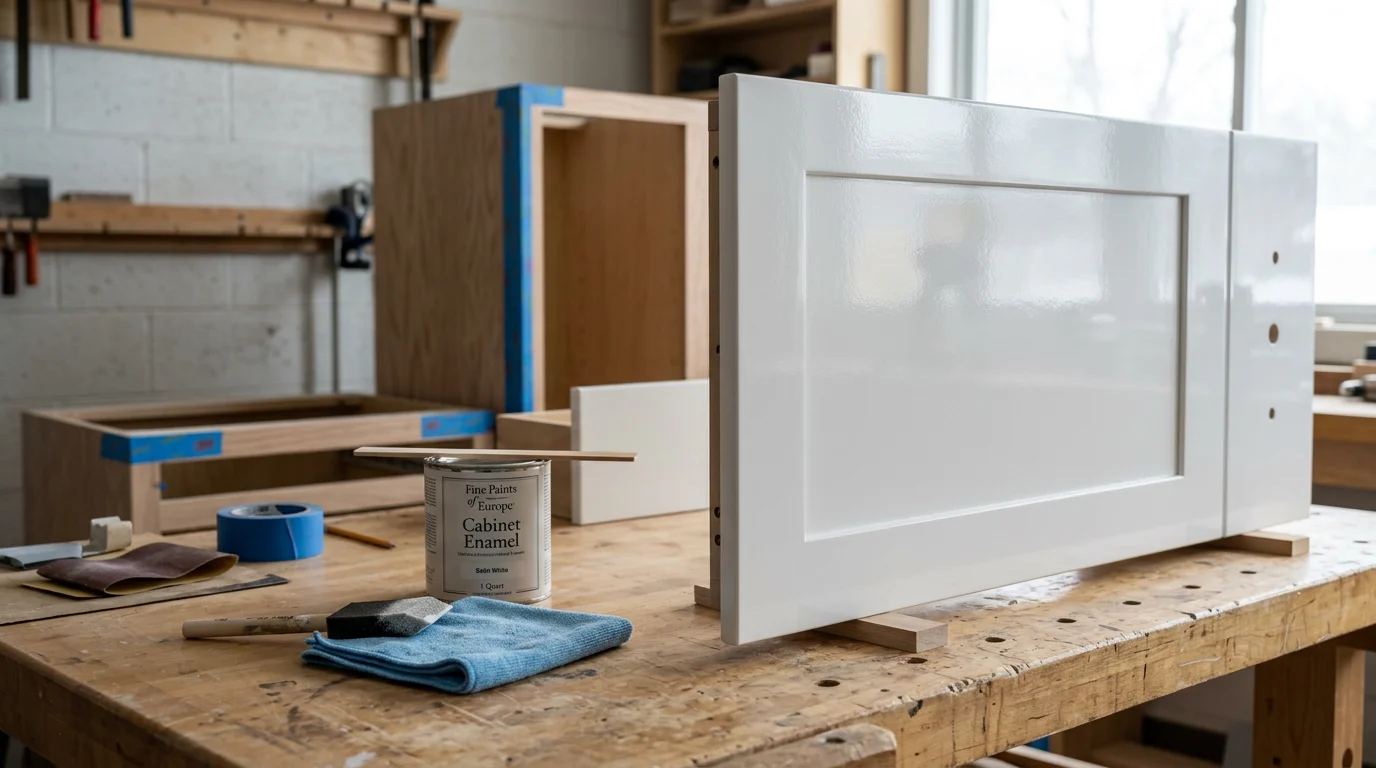 Close-up of freshly enamel-finished cabinet doors in a Lakeville, MN kitchen showing a smooth, hard, light-colored surface with no brush marks. Cabinet frames and drawer fronts display a clean, even sheen consistent with professional cabinet-grade enamel application.