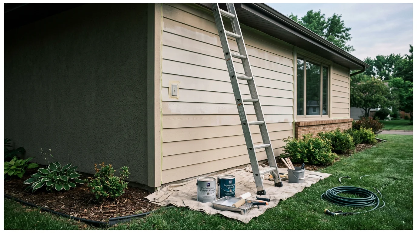 A freshly painted two-story home exterior in Lakeville, MN with clean siding and crisp trim detail. The home sits in a residential neighborhood typical of Dakota County's south metro suburbs.