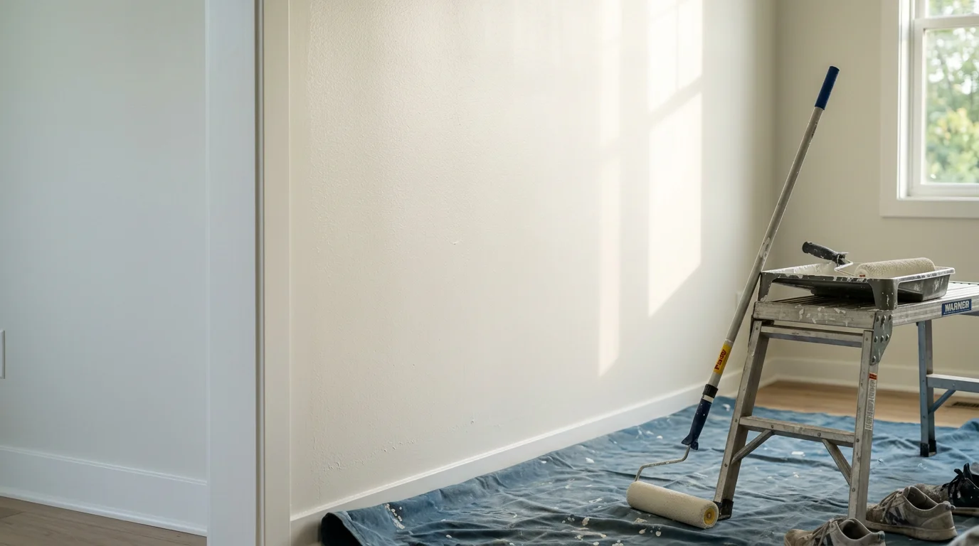 Freshly painted interior living room walls in a Lakeville, MN home, showing a smooth, even finish with clean edges along white trim. A Gold Standard Painting interior painting project in the south metro.