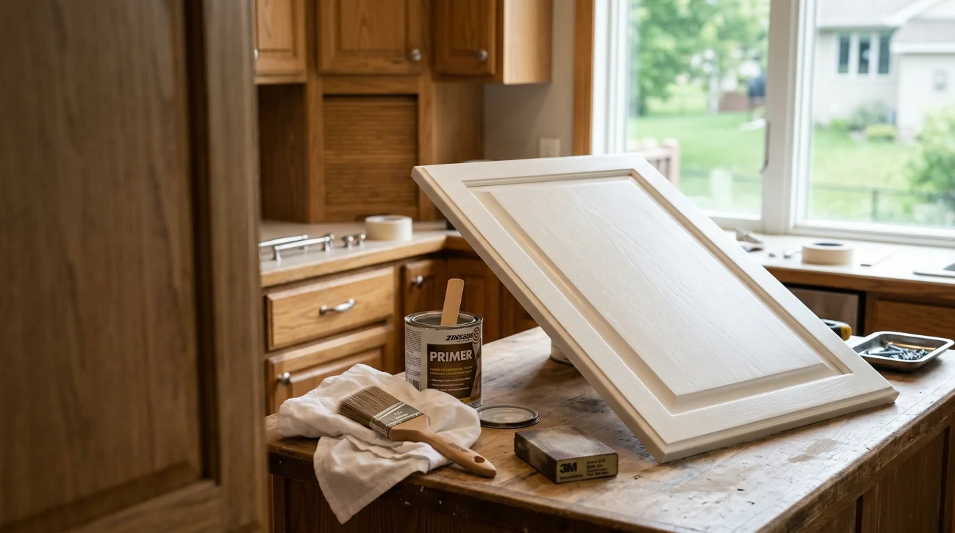Freshly painted white kitchen cabinets in a single-family home in Lakeville, MN, showing smooth door faces and clean edges after professional cabinet painting. The kitchen features updated hardware against a bright, repainted cabinet surface.