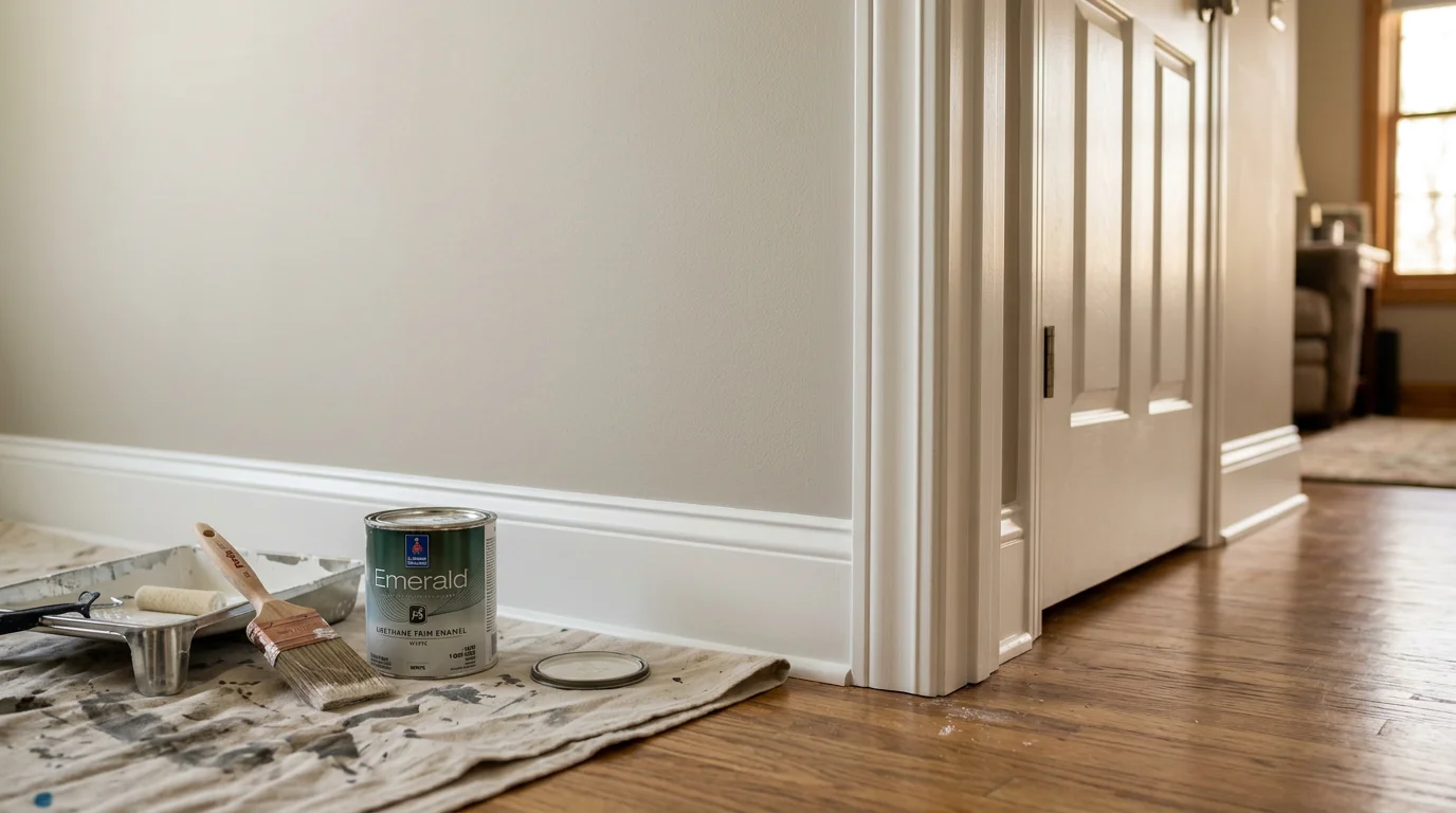 Freshly painted white trim and door casing in a Lakeville, MN home interior, showing clean lines where the trim meets a neutral-colored wall. Close-up view highlights a smooth, even finish on the baseboard and window frame.